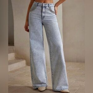 Light Wash Straight-Leg Jeans with Rhinestone Detailing